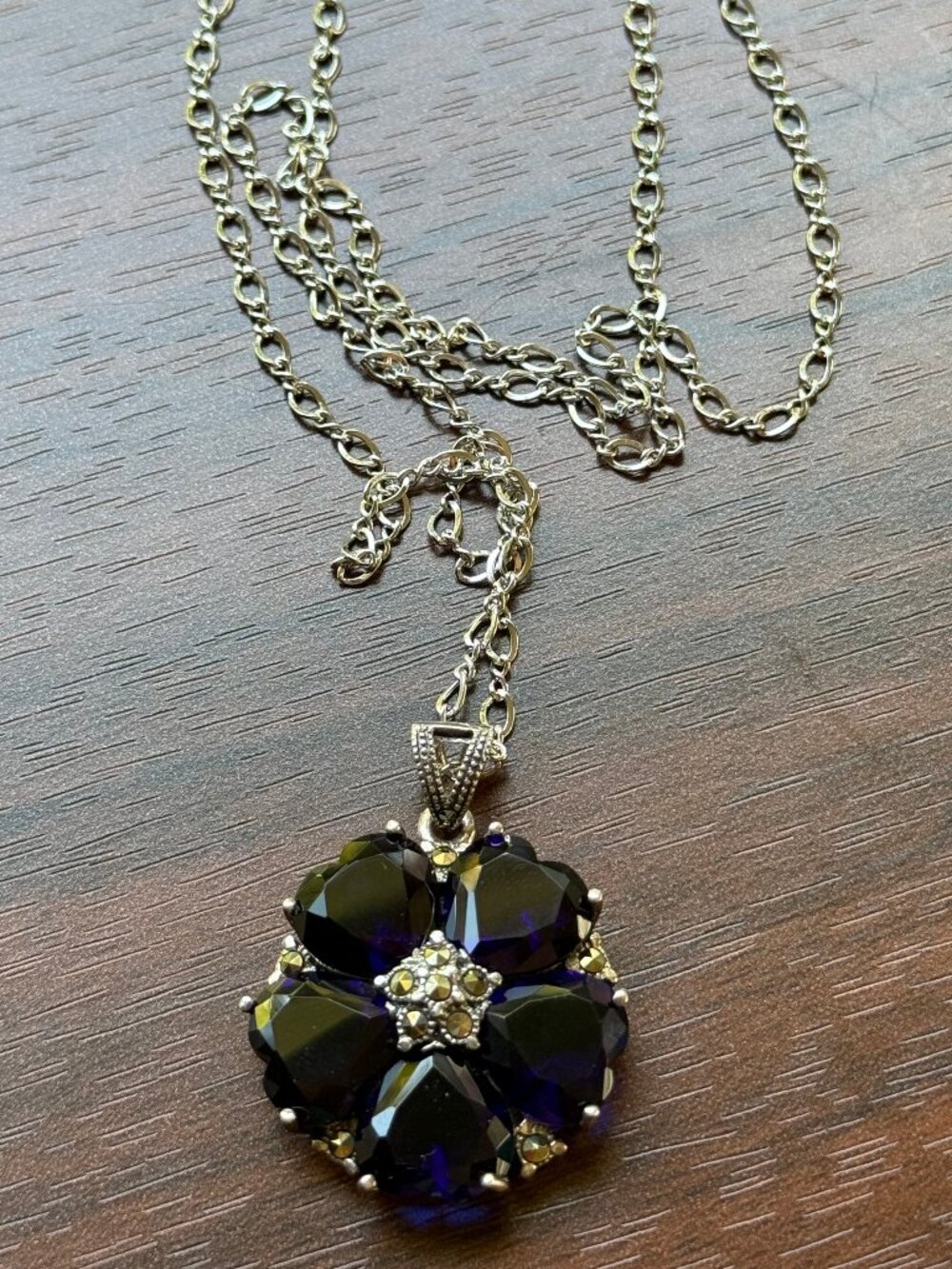Sapphire and Marcasite Sterling Silver 925 Flower Necklace - Picture 2 of 5